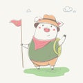 Lovely cute piggy dressed as a little scout. Autumn or Summer cartoon animal