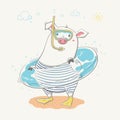 Lovely cute piggy stands in mask and flippers with the swimming circle. Pig is going to swim, hand-drawn