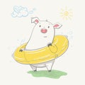 Lovely cute piggy stands in the yellow swimming circle. Pig is going to swim, hand-drawn