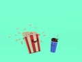 LOVELY CUTE POPCORN BUCKET WITH SODA DRINK GREEN BACKGROUND CINEMA MOVIES 3D ILLUSTRATION