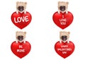 Lovely cute pug puppy dog hanging with paws on big valentine`s day heart with text, isolated on white background