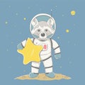 Lovely cute raccoon boy hold the star and stand on the planet in space. Space series of children`s card Royalty Free Stock Photo