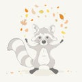 Lovely cute raccoon boy toss the autumn leaves. Autumn cartoon animal.