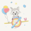 Lovely cute raccoon flies by the colored plane with balloons. Summer series of children`s card Royalty Free Stock Photo