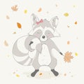 Lovely cute raccoon girl keeps the autumn orange leaf. Autumn cartoon animal.