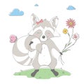 Lovely cute raccoon girl keeps the bouquet of flowers. Spring card Royalty Free Stock Photo
