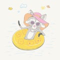 Lovely cute raccoon girl sitting on the yellow inflatable circle. Young swimmer in the sunglasses, the Hawaiian wreath and the Royalty Free Stock Photo