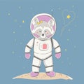 Lovely cute raccoon girl stand on the planet in space. Space series of children`s card Royalty Free Stock Photo