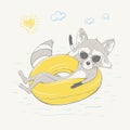 Lovely cute raccoon sitting on the yellow inflatable circle. Summer series of children`s card Royalty Free Stock Photo