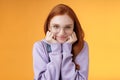 Lovely cute redhead sweet silly girl geek university student wearing glasses lean hand smiling tenderly look affection