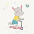 Lovely cute rhino rides the scooter for the butterfly. Young dressed rhino. Summer series of children`s card Royalty Free Stock Photo