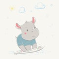 Lovely cute rhino rides on the surfboard with the green and pink stripes. Young rhino dressed in the wetsuit or the swimsuit