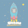 Lovely cute rhino rises in the rocket in the space. Space series of children`s card Royalty Free Stock Photo