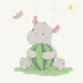 Lovely cute rhino sits hugging a green watermelon. Summer berry, hand-drawn