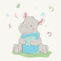 Lovely cute rhino sits and hugs books. Series of school children`s card with cartoon style animal