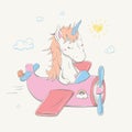 Lovely cute unicorn flies by the pink plane with butterfly. Summer series of children`s card Royalty Free Stock Photo