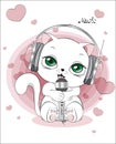 White kitten with earphones and microphone