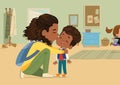 Lovely dark skin woman giving goodbye kiss to little son at nursery school vector flat illustration Royalty Free Stock Photo