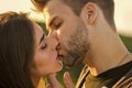 Lovely date. kissing couple portrait. delicate gorgeous kiss. man kiss woman. couple in love. I love you. Closeup mouths Royalty Free Stock Photo