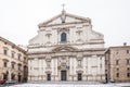 A lovely day of snow in Rome, Italy, 26th February 2018: a beautiful view of Church of Jesus near the Altare della Patria under Royalty Free Stock Photo