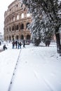 A lovely day of snow in Rome, Italy, 26th February 2018: a beautiful view of Colosseum under the snow