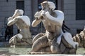 A lovely day of snow in Rome, Italy, 26th February 2018: a beautiful view of Navona Square and Fontana dei Quattro Fiumi Fountain Royalty Free Stock Photo