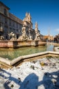 A lovely day of snow in Rome, Italy, 26th February 2018: a beautiful view of Navona Square and Fontana dei Quattro Fiumi Fountain Royalty Free Stock Photo