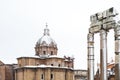 A lovely day of snow in Rome, Italy, 26th February 2018: a beautiful view of snowy Roman Forums and Church of the Saints Luca and Royalty Free Stock Photo