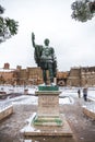 A lovely day of snow in Rome, Italy, 26th February 2018: a view of Statue of Nerva near the Colosseum under the snow