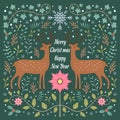 Deers and flora Christmas mas theme pattern vector background