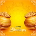 Lovely dhanteras festival decorative card design with golden kalash