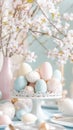 A lovely display of pastel Easter eggs on a stand, with blossoming branches for a touch of spring joy Royalty Free Stock Photo