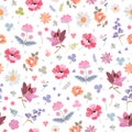 Lovely ditsy floral pattern with different beautiful flowers on white background. Seamless design for fabric, wrapping paper