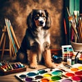 Cute dog artist with artistic tools in jolly vintage style