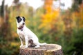 Lovely dog sitting on the huge stump in the somewhere of the forest, looking cute