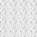 Drawn Easter seamless pattern outlined on a white background, cute doodle eggs and flowers with hearts in a stroke