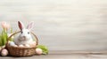 Lovely Easter fluffy bunny in a wicker basket with colorful Easter eggs