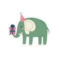 Lovely Elephant Wearing Party Hat with Gift Box, Cute Animal Character for Happy Birthday Design Vector Illustration