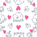 Lovely Elephants in outline doodle flat style. Seamless pattern. Happy Velentine Day