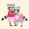 Lovely embracing raccoons. Cute cartoon animals. Greeting card.