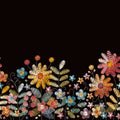 Lovely embroidery flowers. Seamless embroidered border with herbs, berries and wildflowers