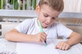 A lovely emotional little boy draws a green Christmas tree with a felt-tip pen, pencil on a sheet of paper while sitting Royalty Free Stock Photo