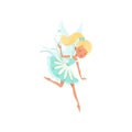 Lovely fairy in flying action. Imaginary fairytale creature spreading magical dust. Girl with ponytail and little wings