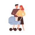 Lovely family with baby in stroller walking together vector flat illustration. Husband hugging wife feeling love and