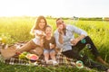 Lovely family blowing soap bubbles on a picnic in meadow Royalty Free Stock Photo