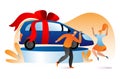 Lovely family celebrate win lottery vehicle, male character hold car key, female happy jumping flat vector illustration Royalty Free Stock Photo