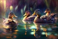 Lovely family of ducks swim in the lake, colorful glow realistic fantasy shiny background, wild duck illustration Generative AI