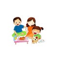 Lovely family eating fruite with a pet isolated