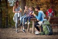 A lovely family eating fruits in the break of hiking Royalty Free Stock Photo