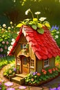 Lovely fantasy cottage in the garden many flowers, cute illustration. Generative Ai